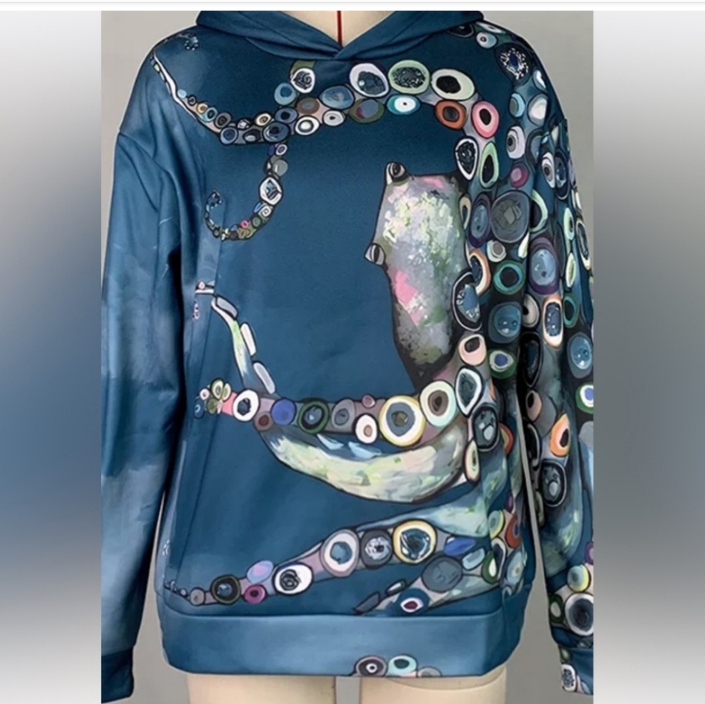 SOLD - Octopus Print Blue Hoodie